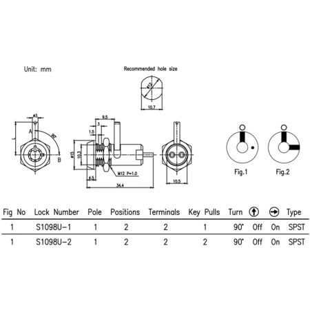 S1098U Key Switch Lock SPEC.