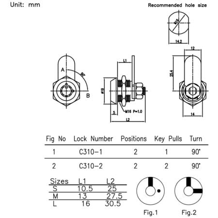 C310 16mm Cam lock with Tubular key SPEC.